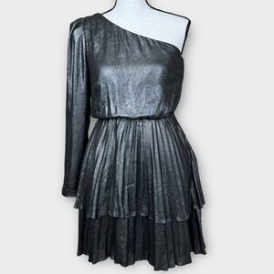 Derek Lam Metallic One Crosby One Shoulder Pleated Tiered Dress Pewter Size 36